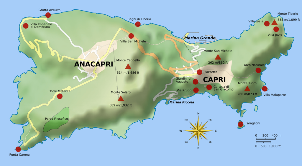 Kaart van Capri met bezienswaardigheden